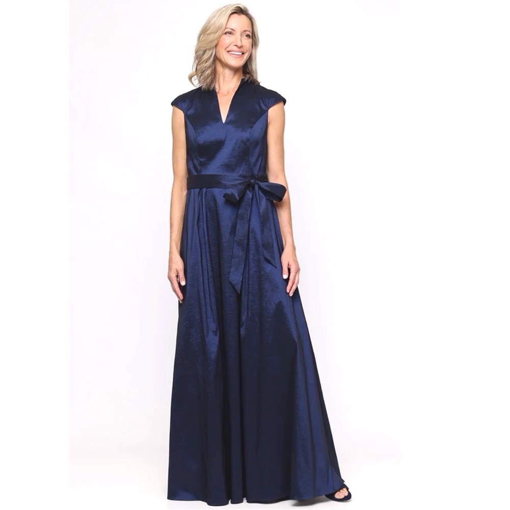 Alex Evenings Blue Stretch Taffeta Dress Standup VNeck Tie Waist Pockets Size 18